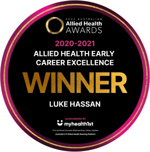 Award badge for 2020-2021 Allied Health Early Career Excellence, awarded to Luke Hassan.