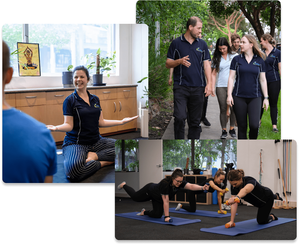 Three images of the Active Health Clinic team in action: a clinician smiling while leading a seated session indoors, a group of staff and clients walking together outside, and a supervised group performing strength-based floor exercises on yoga mats in a clinic gym space.