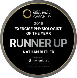 Award badge for 2019 Exercise Physiologist of the Year, Runner-Up awarded to Nathan Butler.