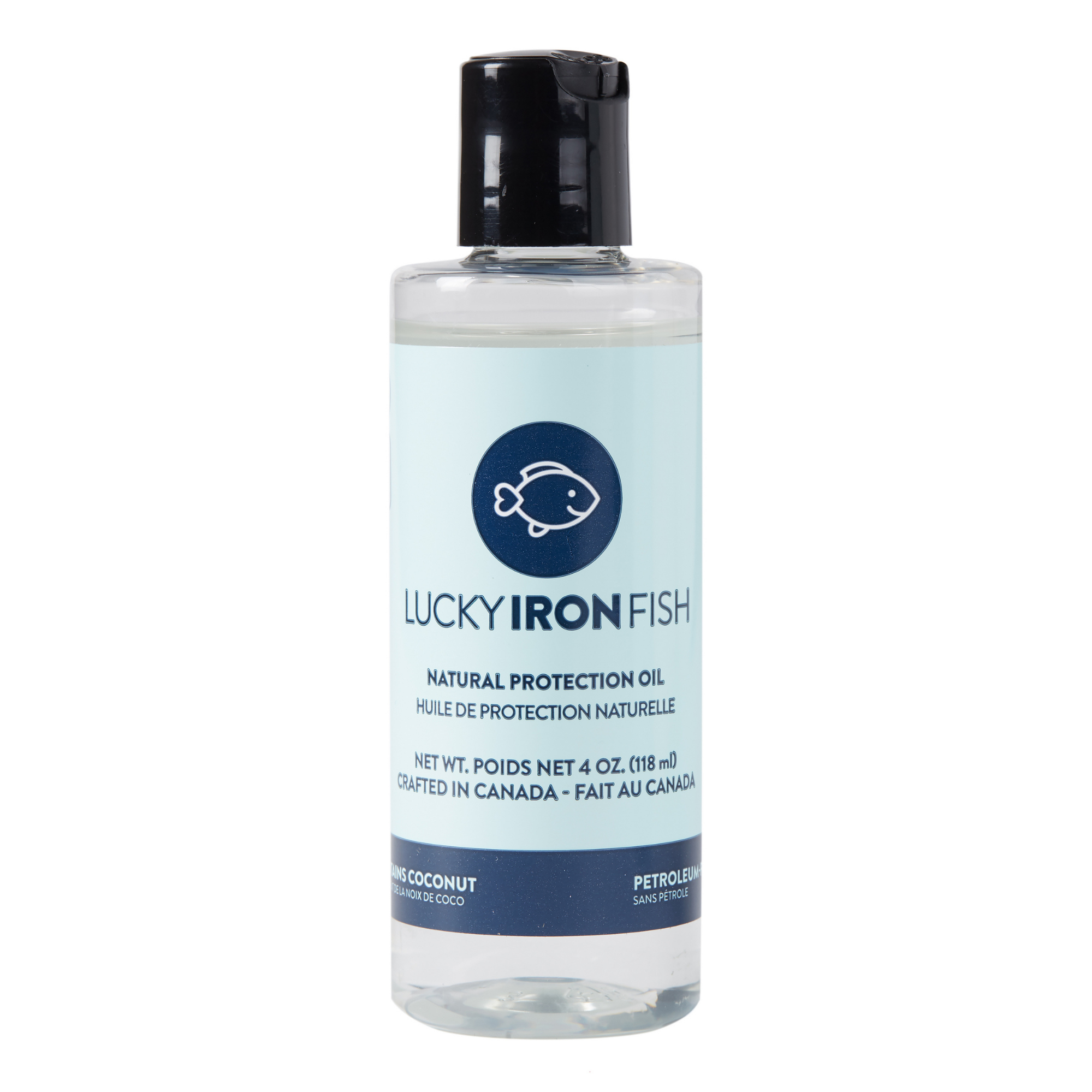 Bottle of Lucky Iron Fish Iron Protection Oil made from natural coconut and lemon oils