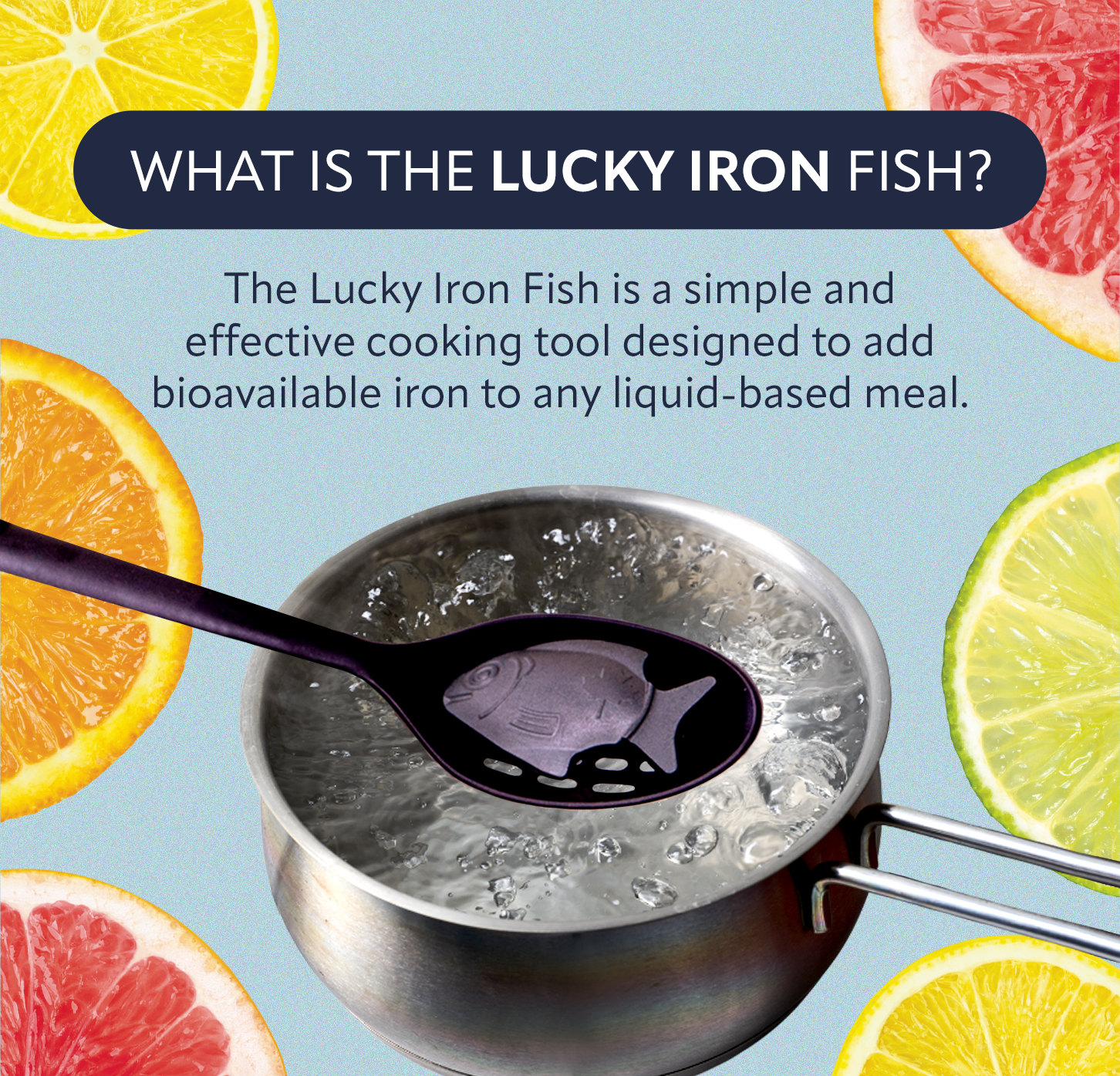 Lucky Iron Fish cooking tool with a spoon in a pot, surrounded by citrus fruits on a blue background.