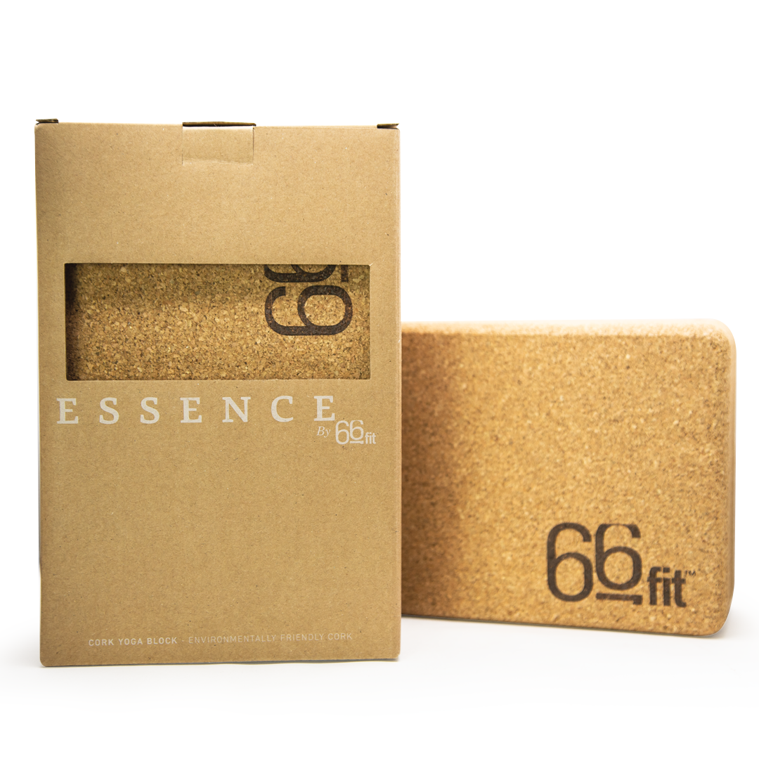 Cork yoga block in its retail packaging