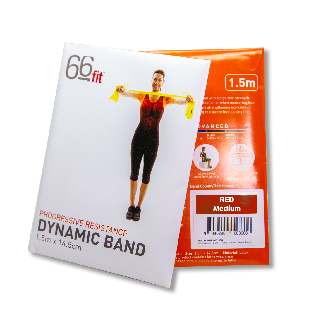 Red 1.5 metre flat exercise band shown rolled on a plain background