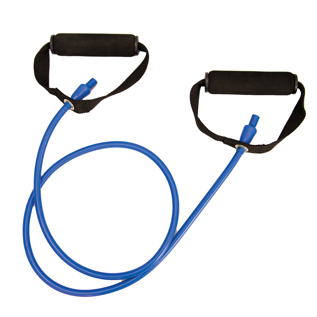 Blue medium resistance exercise tube with foam handles