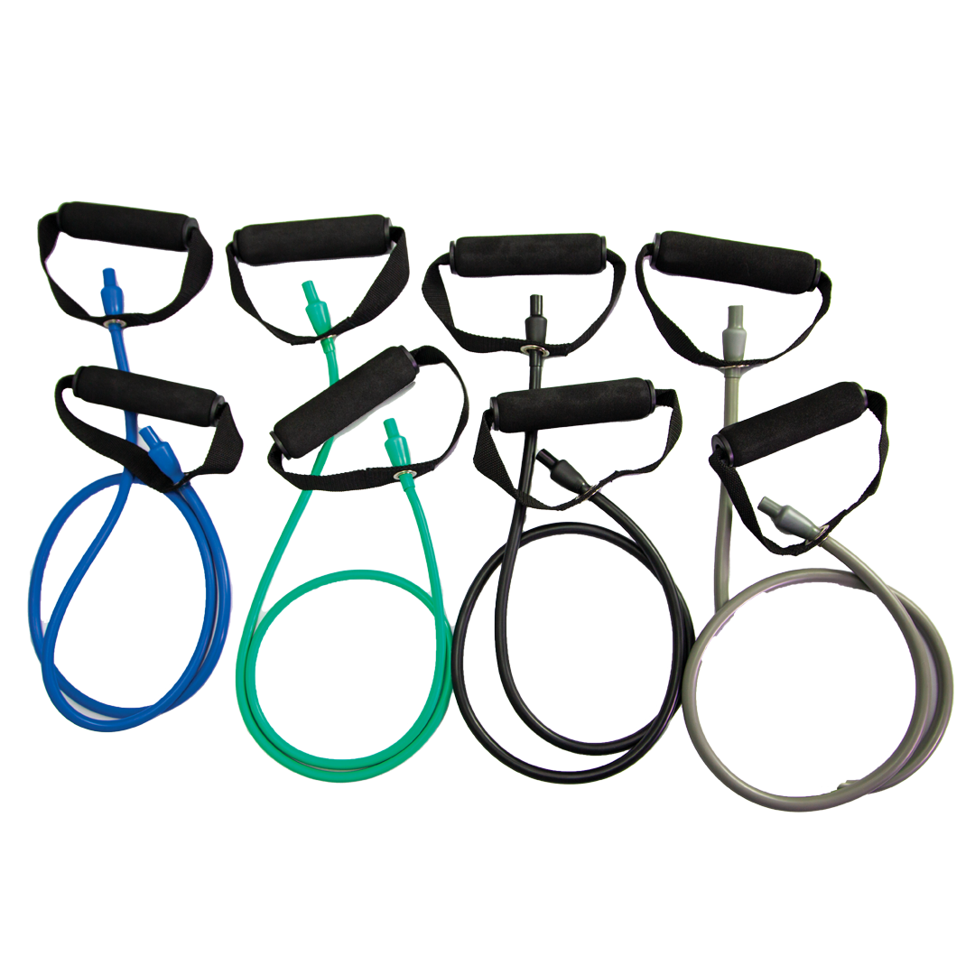 Four exercise tubes with foam handles in green, blue, black and silver