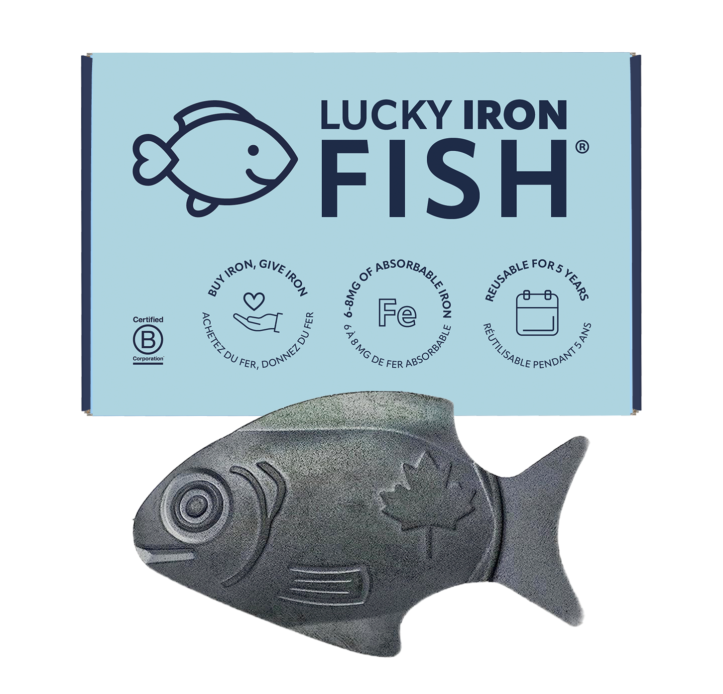 Lucky Iron Fish iron supplement tool shaped like a fish with a maple leaf embossed, displayed with its blue packaging box.
