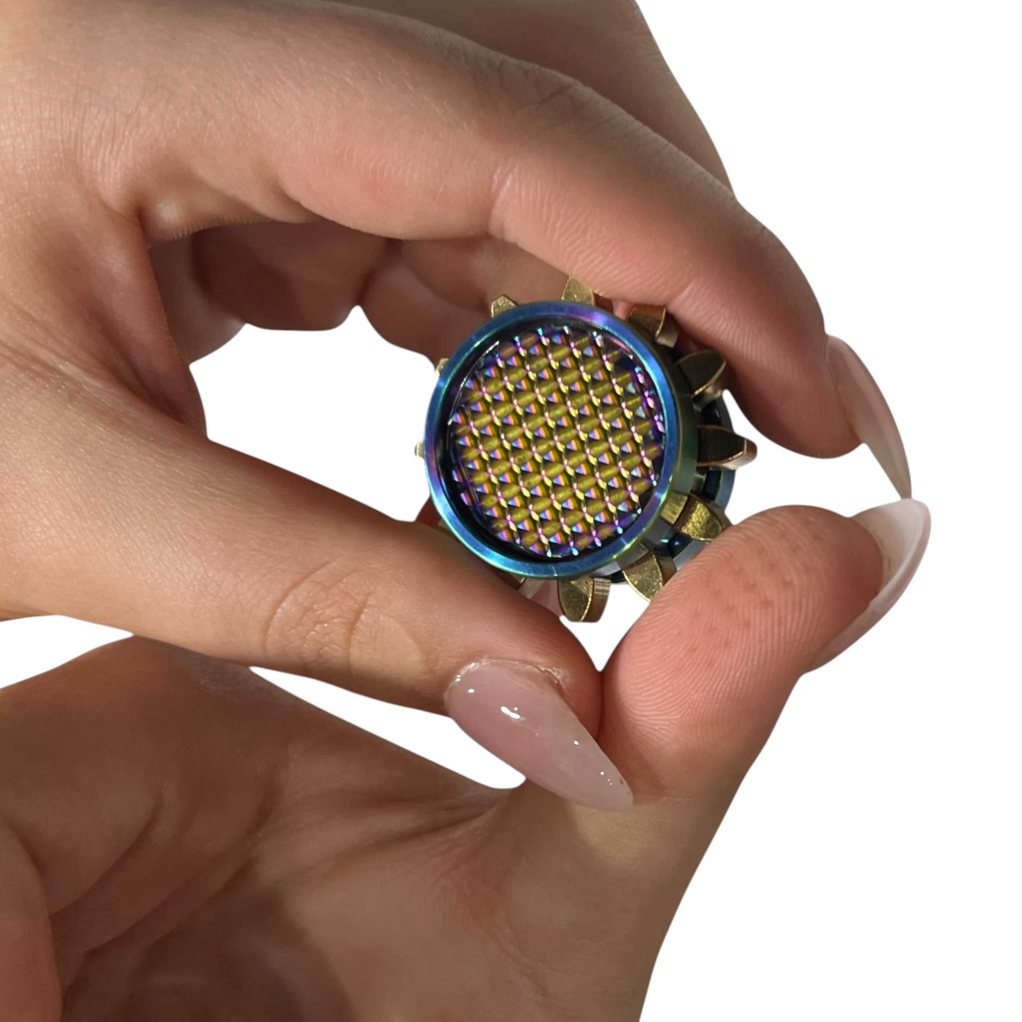 Stainless steel Spikey Mega Cog fidget spinner with a textured outer rim