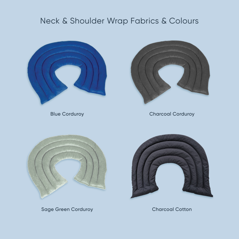 Natural lupin heat pack neck and shoulder wrap in blue, charcoal, sage green corduroy, and charcoal cotton colors for pain relief and stress reduction