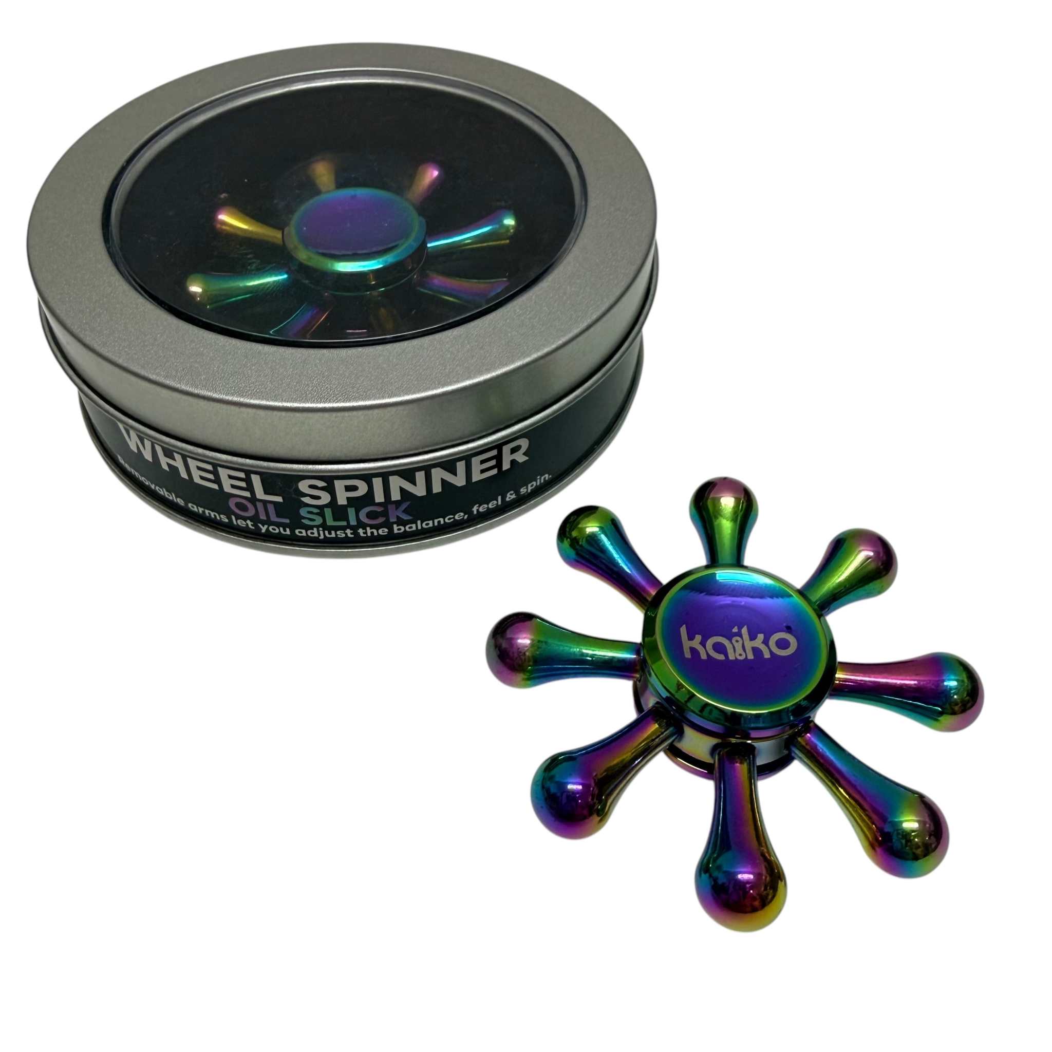 Oil slick copper wheel spinner with eight removable arms and a concave centre hub
