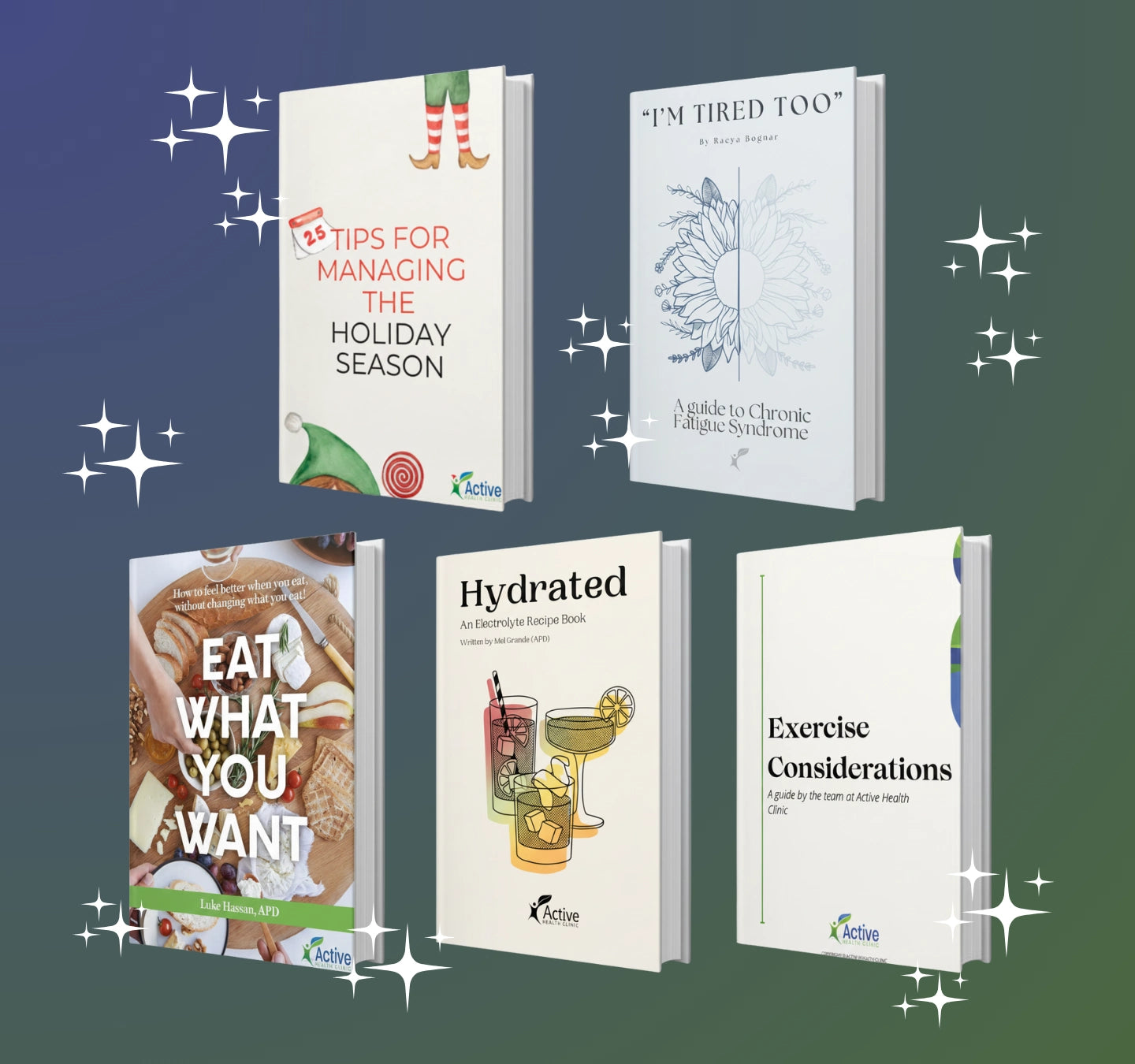 bundle of invisible illness support books spanning diet, holiday planning, hydration, exercise and fatigue