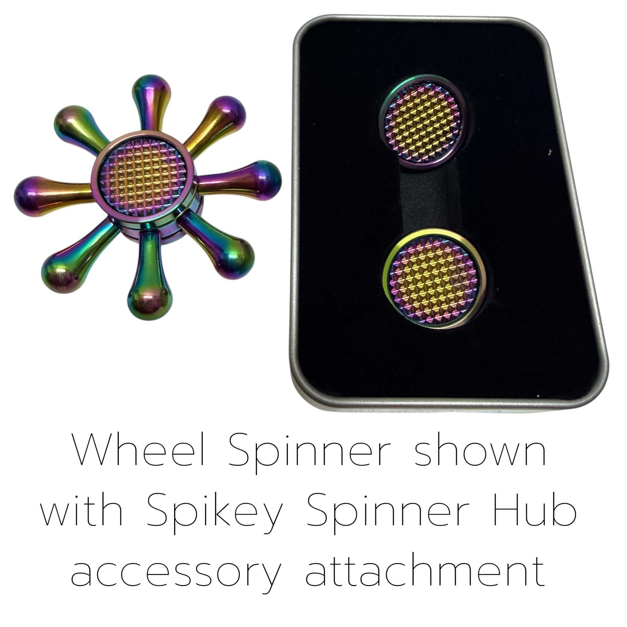 Oil slick copper wheel spinner held in a hand, showing its size