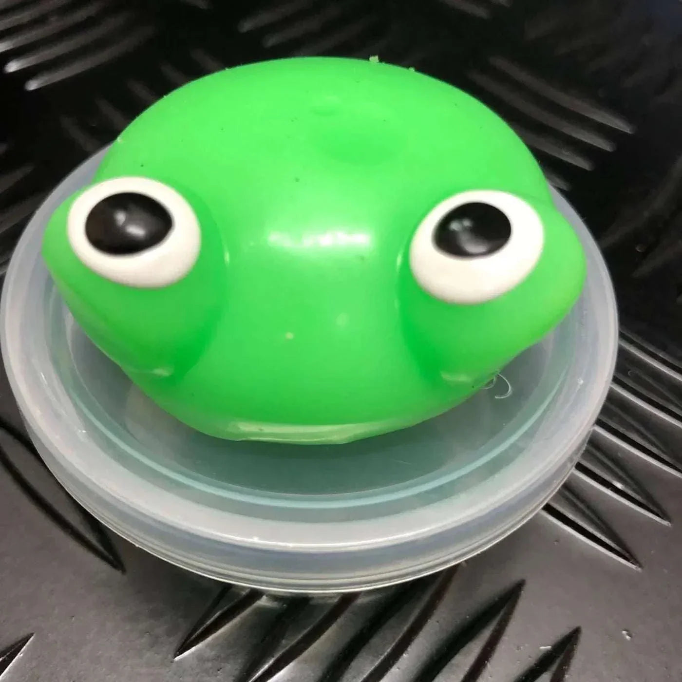 Green Jelly Mochi Squishy Animal toy with large eyes on a plastic lid.