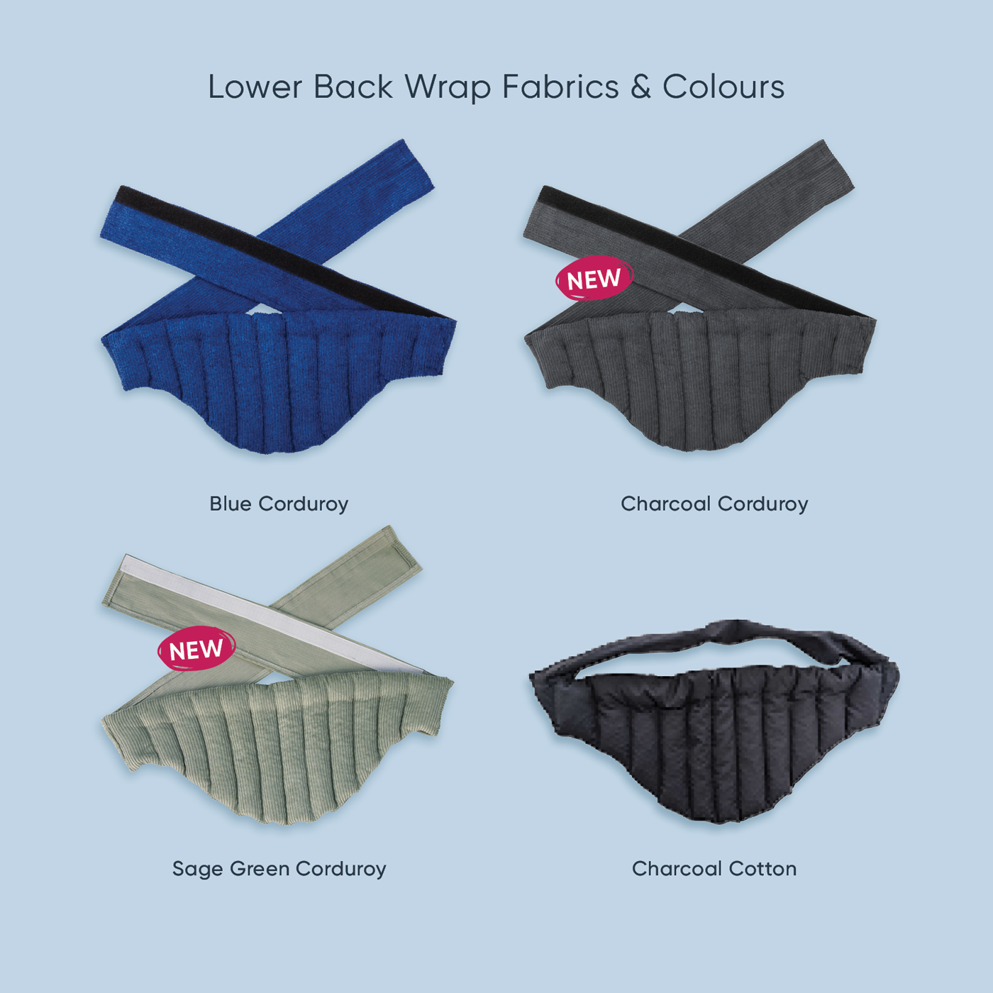 Wraparound back and hip heat pack in blue, charcoal, sage green corduroy and charcoal cotton for natural lupin heat therapy