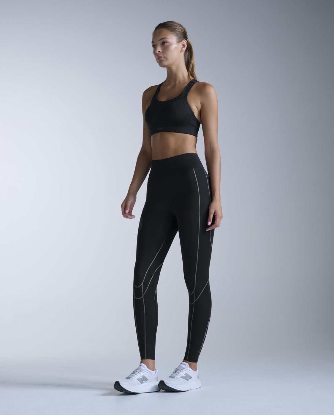 2XU Light Speed Kinesis Hi-Rise Compression Tights, full length, black with black reflective detail, view 7 of 8