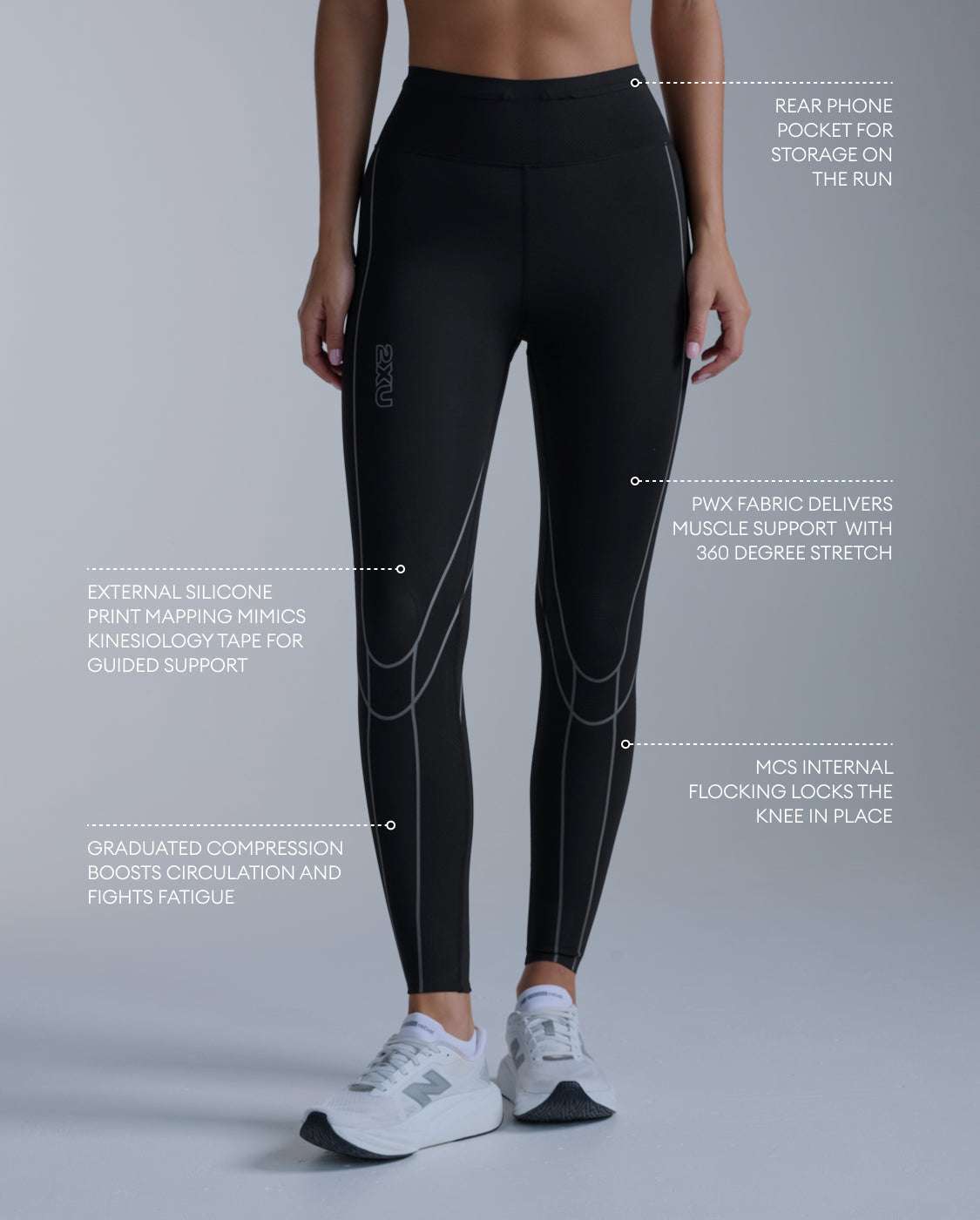 2XU Light Speed Kinesis Hi-Rise Compression Tights, full length, black with black reflective detail, view 2 of 8