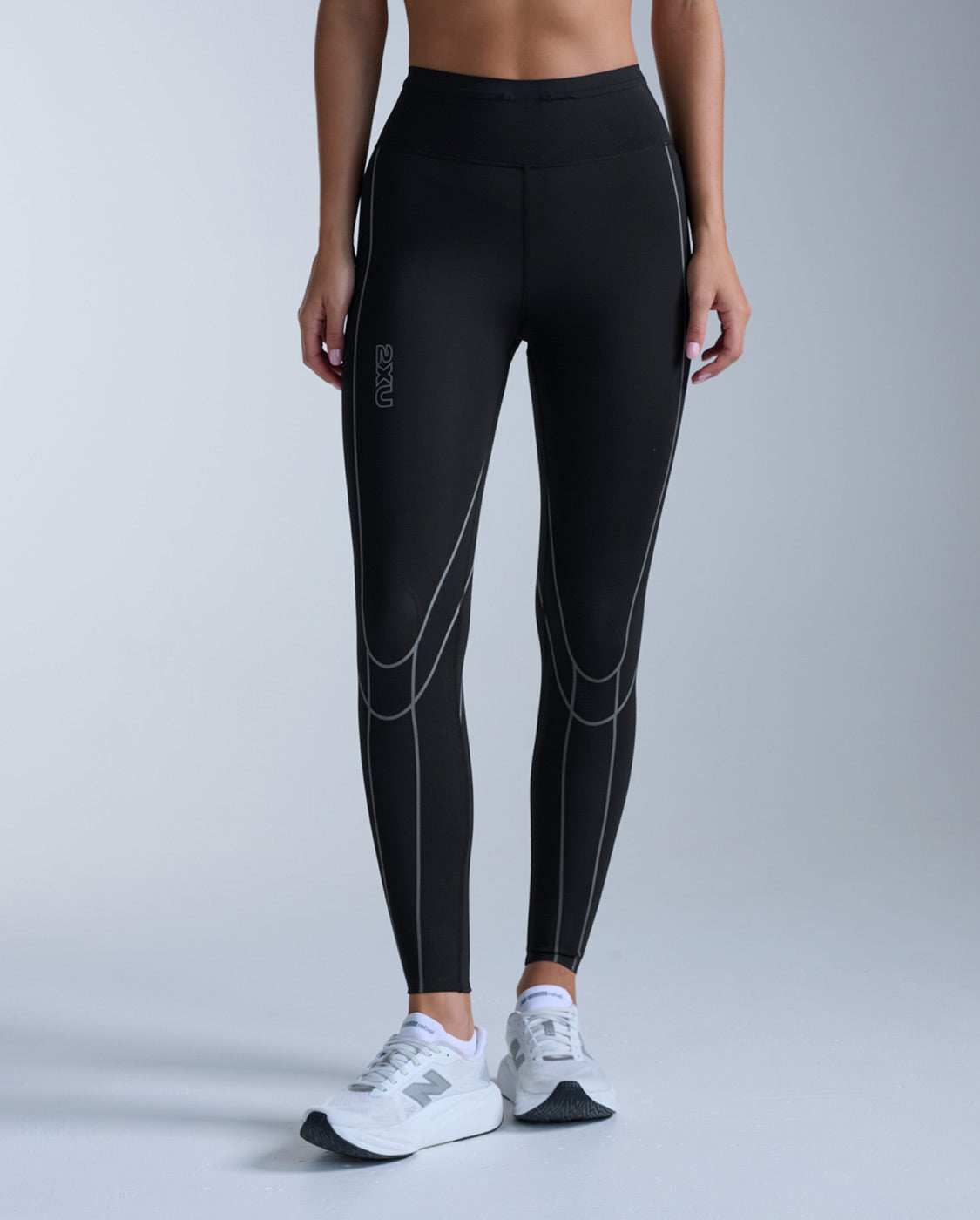 2XU Light Speed Kinesis Hi-Rise Compression Tights, full length, black with black reflective detail, view 1 of 8