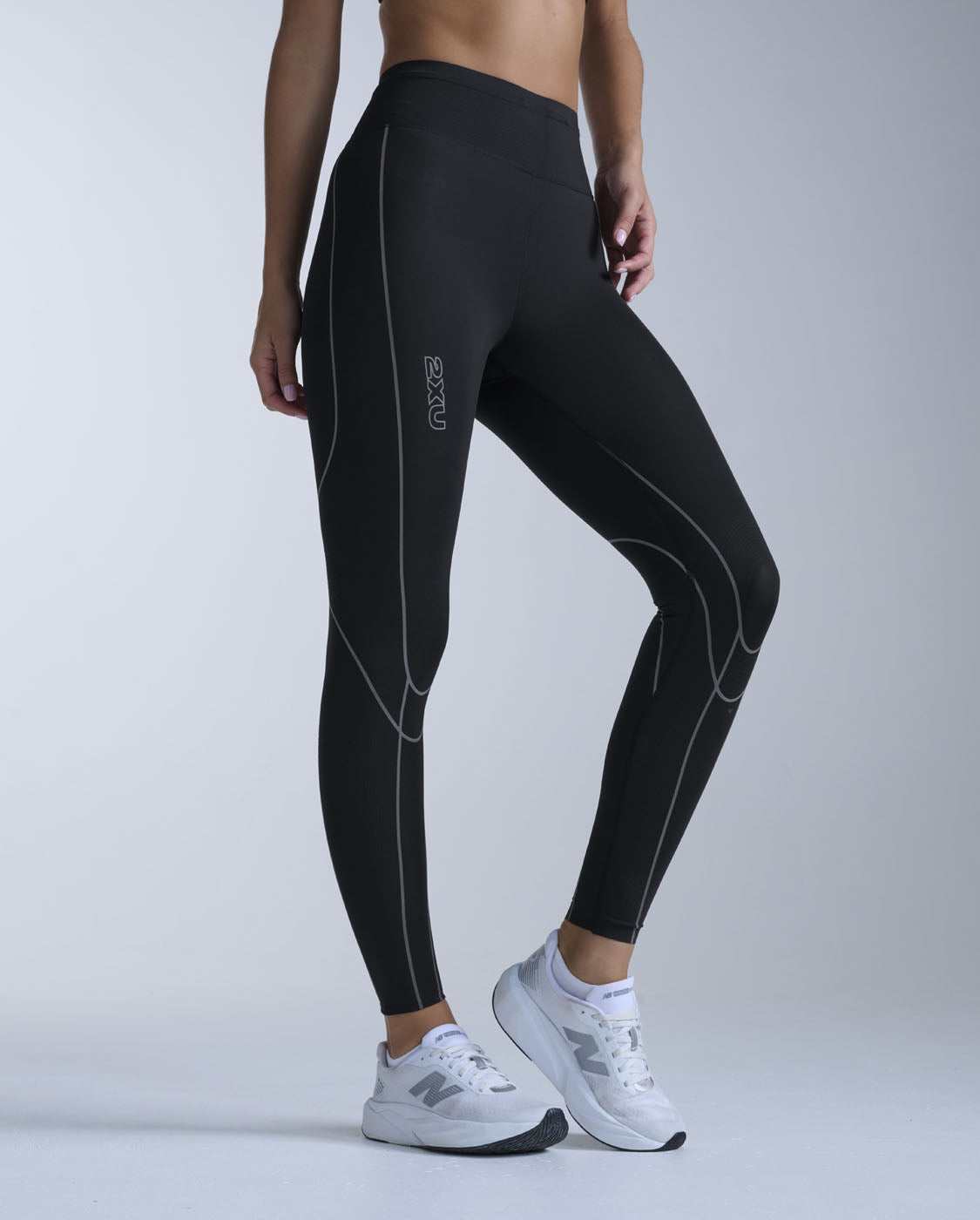 2XU Light Speed Kinesis Hi-Rise Compression Tights, full length, black with black reflective detail, view 3 of 8