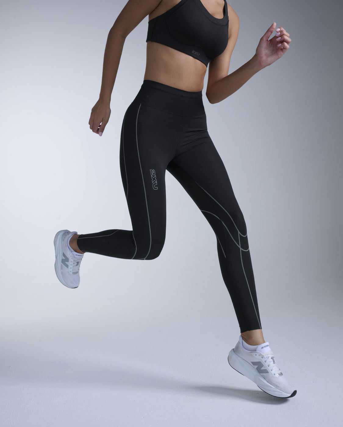 2XU Light Speed Kinesis Hi-Rise Compression Tights, full length, black with black reflective detail, view 5 of 8