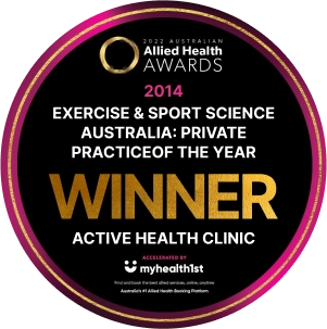 Award badge for 2014 Exercise & Sport Science Australia: Private Practice of the Year, awarded to Active Health Clinic.