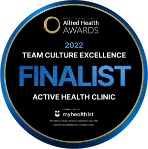 Award badge showing Active Health Clinic as a 2022 Team Culture Excellence finalist