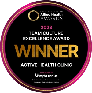 Award badge showing Active Health Clinic as the 2023 Team Culture Excellence winner