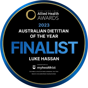Award badge showing Luke Hassan as a 2023 Australian Dietitian of the Year finalist