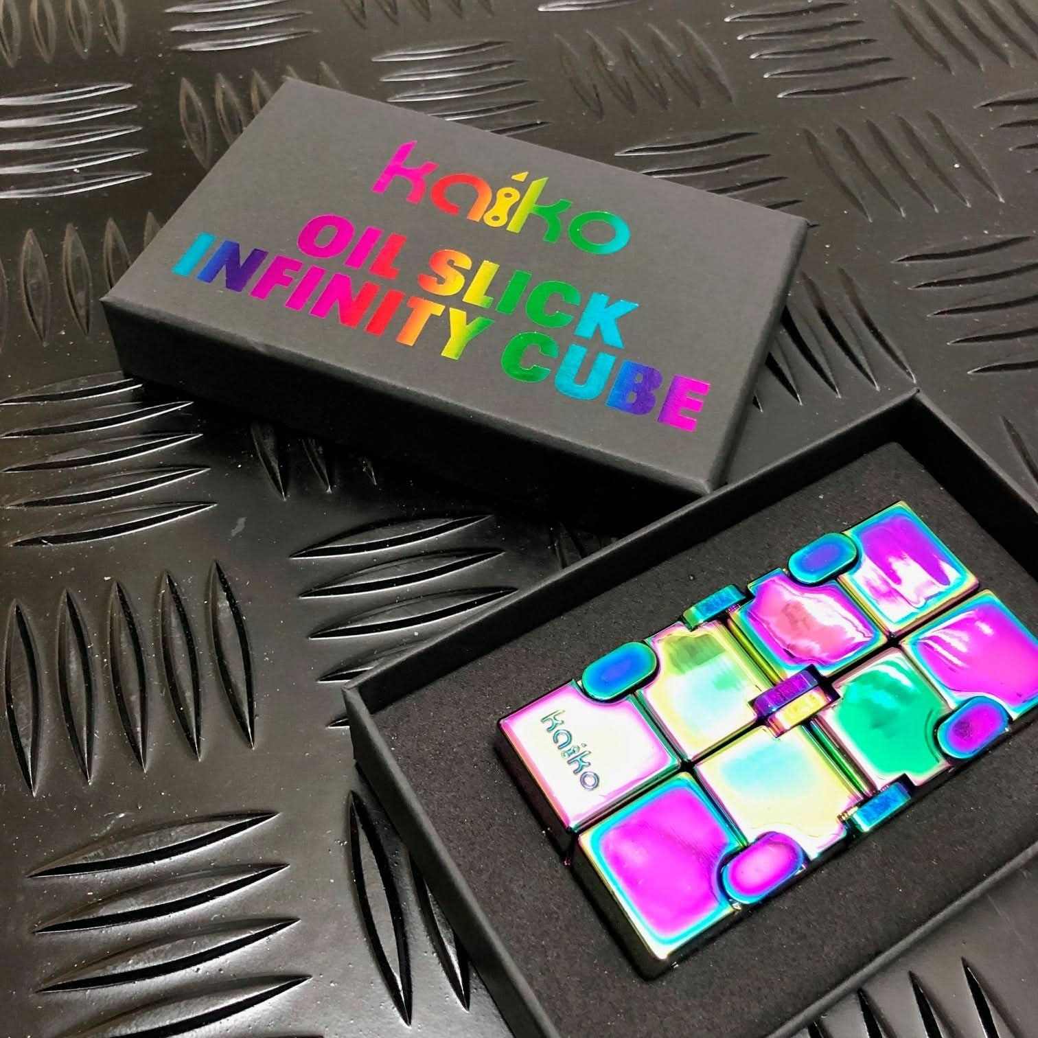 Metal Infinity Cube, black zinc alloy, with storage box, colorful design, fidget toy.