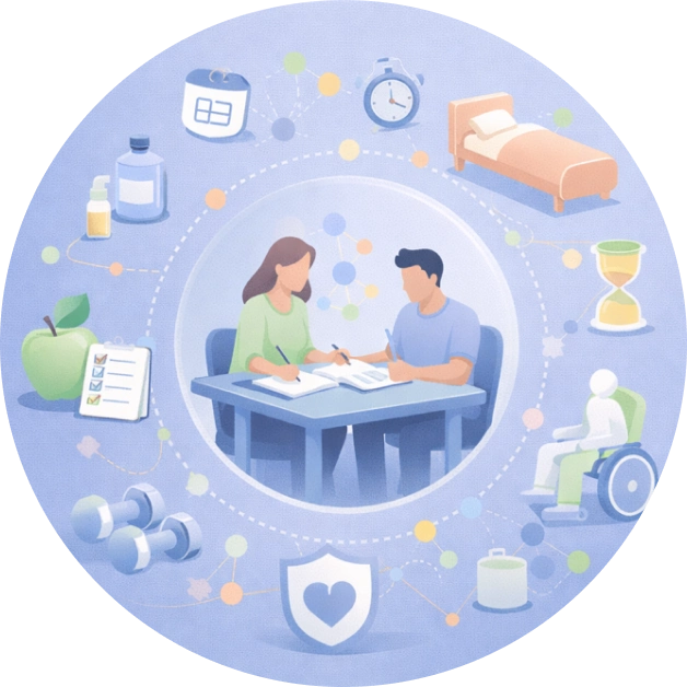 Illustration of a clinician and patient reviewing a health plan together, surrounded by icons representing sleep, nutrition, movement, medication, and daily routines.