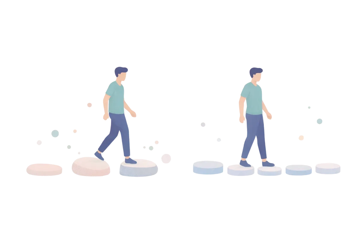 Person walking across platforms that shift from unstable to stable.